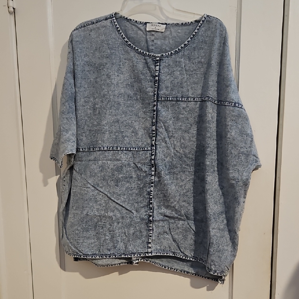 Zenana Outfitters Light Blue Denim-Look Top Size Large - Picture 2 of 5
